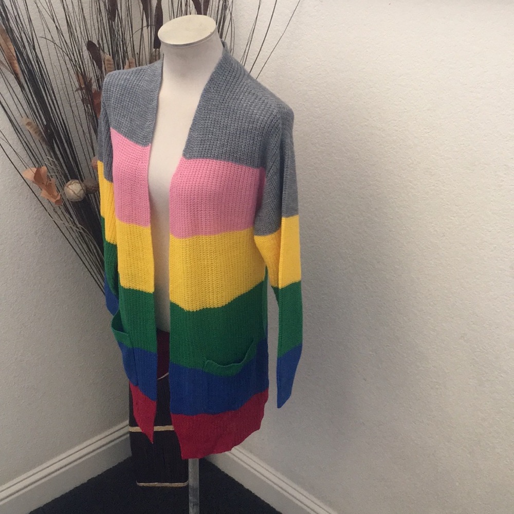 Ultra Flirt Rainbow Stripe Long Cardigan Sweater - Picture 4 of 13